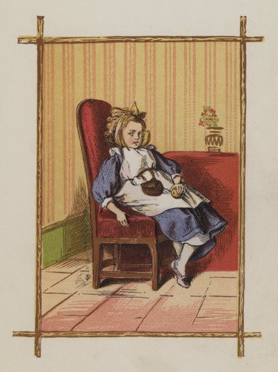 Flicka sitter på en stol (färg litho) av Oskar Pletsch