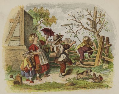 Grupp barn som leker utomhus (färg litho) av Oskar Pletsch