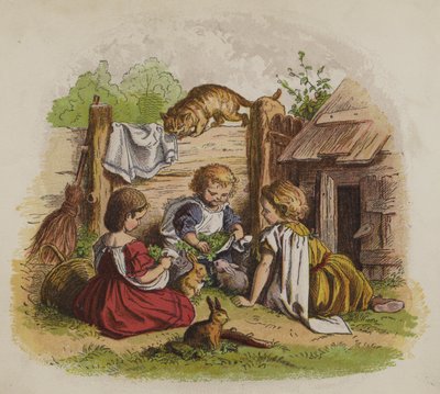 Tre flickor som leker med sina husdjurskaniner, bevakade av en katt (färg litho) av Oskar Pletsch