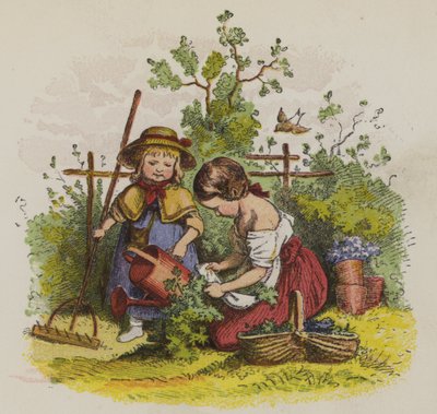 Två flickor trädgårdsarbete (färg litho) av Oskar Pletsch