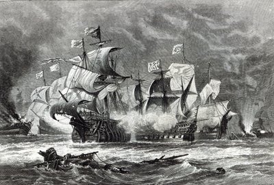 The Vanguard, under Sir William Winter, engagerar den spanska armadan, från 