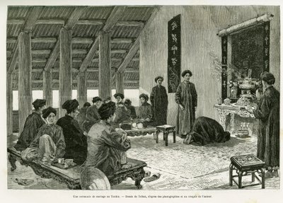 En bröllopsceremoni på Tonkin. Gravyr av Tofani, för att illustrera berättelsen Trente mois au Tonkin, 1884, av Dr Paul Hocquard, i le tour du monde 1890, under ledning av Edouard Charton (1807-1890), Hachette, Paris. av Oswaldo Tofani