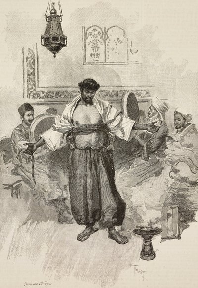 Aissawa-dans, marockanskt religiöst brödraskap, vid världsutställningen 1889, Paris, Frankrike, gravyr av E Mancastroppa från teckning av Osvaldo Tofani från L