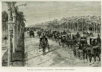 Buenos Aires, Sarmiento Avenue, Three February Park. Gravyr av Tofani, för att illustrera berättelsen Voyage a la Plata, 1886, av Emile Daireaux, i le tour du monde 1888, regisserad av Edouard Charton (1807-1890), Hachette, Paris. av Oswaldo Tofani