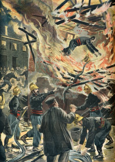 Brandmannen Baillys död under en kvarnbrand i Bourges 1898 (Gravyr) av Oswaldo Tofani