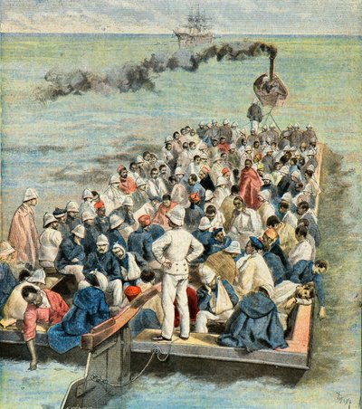 Ombordstigning på fartygssjukhuset för de sårade från expeditionen till Madagaskar 1896 (Gravyr) av Oswaldo Tofani
