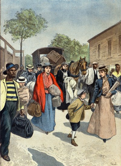 Civila engelsmän lämnar staden Ladysmith under boernas belägring av Oswaldo Tofani