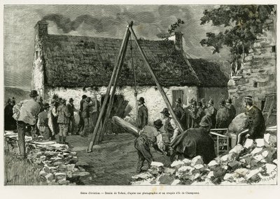Vräkningsscen. Gravyr av Tofani, för att illustrera berättelsen Three months in Ireland, 1889, av Marie Anne de Bovet, i le tour du monde 1890, regisserad av Edouard Charton (1807-1890), Hachette, Paris. av Oswaldo Tofani
