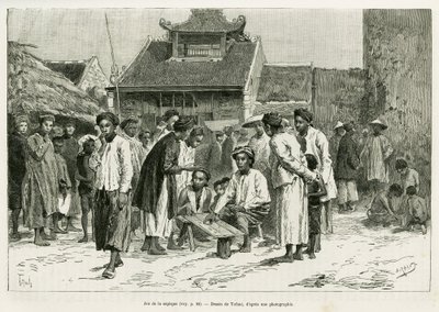 Sapeques spel. Gravyr av Tofani, för att illustrera berättelsen Trente mois au Tonkin, 1884, av Dr Paul Hocquard, i le tour du monde 1890, under ledning av Edouard Charton (1807-1890), Hachette, Paris. av Oswaldo Tofani