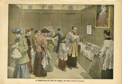 Illustration av Oswaldo Tofani (1849-1915) i Le Pelerin, 03/04/04 - Påskäggens välsignelse i Italien - Italien, Religion Tro, påsk, katolsk katolicism - Ägg av Oswaldo Tofani