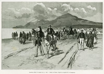 Öbor går till mässan. Gravyr av Tofani, för att illustrera berättelsen Trois mois en Irlande, 1889, av Marie anne de Bovet, i le tour du monde 1890, regisserad av Edouard Charton (1807-1890), Hachette, Paris. av Oswaldo Tofani