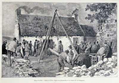 Män springer genom en dörr med hjälp av ett magträd för att kasta ut den boende från bostaden. Teckning av Tofani från en skiss av O. de Champeaux (1800-talet). av Oswaldo Tofani