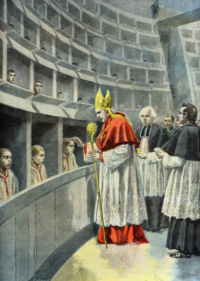 Monseigneur Richard ger konfirmation till unga fångar på Petite Roquette av Oswaldo Tofani