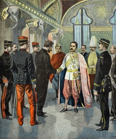 Paul Doumer mottagen av kung Rama 5 av Siam 1899 (Gravyr) av Oswaldo Tofani