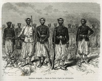 Senegalesiska ryttare av expeditionen eskort. Gravyr av Tofani, för att illustrera berättelsen om Exploration in Haut Niger, av Commander Gallieni, av Marine Infantry, 1880-1881, publicerad i Tour du monde, under ledning av Edouard Charton (1807) av Oswaldo Tofani