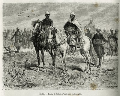 Spahis av expeditionen eskort. Gravyr av Tofani, för att illustrera berättelsen om Exploration in Haut Niger, av Commander Gallieni, av Marine Infantry, 1880-1881, publicerad i Tour du monde, under ledning av Edouard Charton (1807-1890) av Oswaldo Tofani