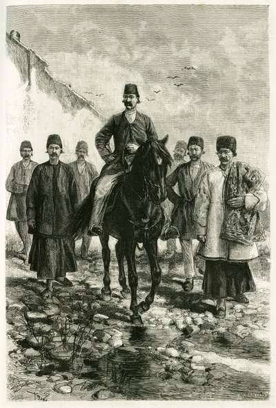 Guvernören i Kachan (eller Kashan, i Teheran-provinsen, nuvarande Iran) rider på en svart häst och hans svit är till fots. Gravyr av Tofani, från ett fotografi, för att illustrera berättelsen "" Persia, Chaldee och Susiane"" 1881-1882, av Jane Dieulafoy (f av Oswaldo Tofani