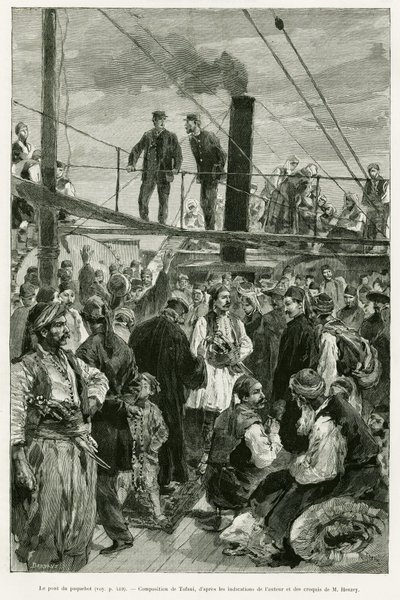 Fartygets däck. Gravyr av Tofani för att illustrera berättelsen Voyage en Thessalie 1882, av Paul Monceaux, i le tour du monde 1887, regisserad av Edouard Charton (1807-1890), Hachette, Paris. av Oswaldo Tofani