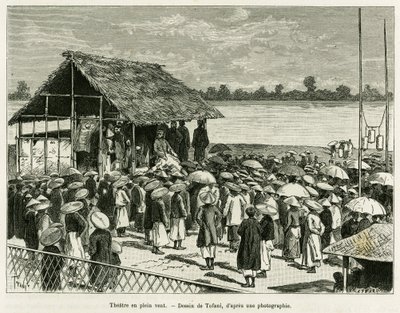 Teater i vinden. Gravyr av Tofani, efter ett fotografi, för att illustrera historien Trente mois au Tonkin, 1884, av Dr Paul Hocquard, i le tour du monde 1890, under ledning av Edouard Charton (1807-1890), Hachette, Paris. av Oswaldo Tofani