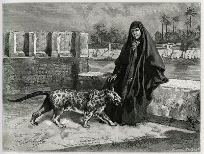 Torkan Khanoum, Sheikh Moses favorit, mäktig stamledare i Arabistan med sin panter. Gravyr av Tofani, för att illustrera berättelsen "Persia, Chaldee and Susiane" av Oswaldo Tofani