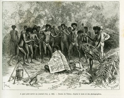 Vad kan en tidning användas till? Gravyr av Tofani, för att illustrera berättelsen Chez les cannibales, Journey to North-East Australia av Oswaldo Tofani