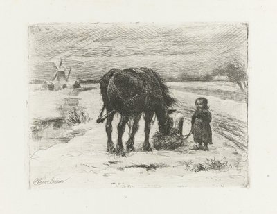 Snölandskap med barn och häst av Otto Eerelman