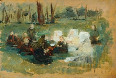Grupp barn med tre nunnor klädda i vitt och en präst på en skogsäng i solen av Otto Friedrich