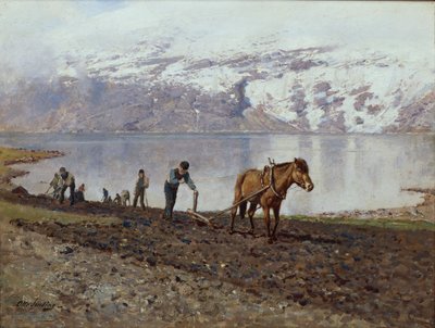 Plöjning med hästar (olja på duk) av Otto Ludvig Sinding