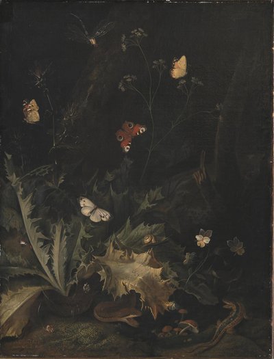 Ett skogsgolv med en tistel, en orm, en ödla och fjärilar av Otto Marseus  van Schrieck