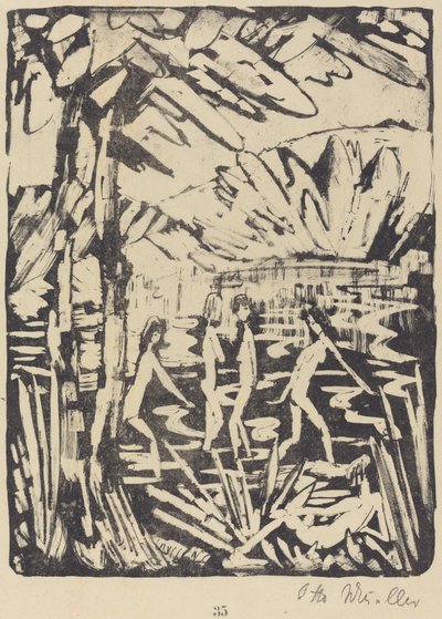 Fem flickor vid en skogsdamm (Funf Madchen am Waldteich) av Otto Müller