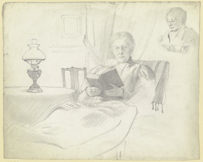 Luise Scholderer läser med bord och lampa, bröstbild av en kvinnlig figur i bakgrunden av Otto Scholderer
