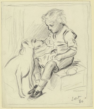 Sittande pojke med sittande hund av Otto Scholderer