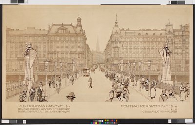 Vindobonabron / Projekt för nybyggnad av bron Rothenthurmstraße - Lilienbrunngasse. Centralperspektiv av Otto Wagner