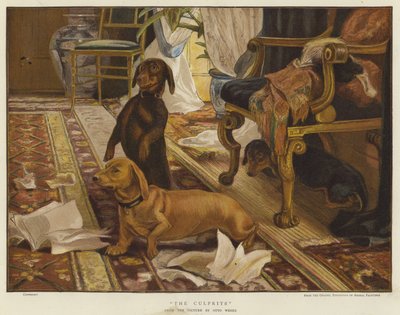 Tre taxar runt en stol i ett vardagsrum (färg litho) av Otto Weber