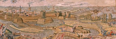 flamländsk gobeläng. Serie Triumfer och strider av ärkehertig Albert. Anfall och intagande av det befästa slagfältet i Hulst (Asalto y toma del campo atrincherado de Hulst). Sjätte gobelängen i serien. Modell Otto van Veen och Hans I Snellinck. Tillverkare av Otto van Veen