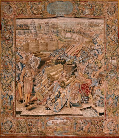 flamländsk gobeläng. Serie Triumfer och strider av ärkehertig Albert. Angrepp på staden Calais (Asalto de la plaza de Calais). Andra gobeläng i serien. Modell Otto van Veen och Hans I Snellinck. Tillverkning Martin Reynbouts, Bryssel av Otto van Veen