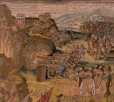 flamländsk gobeläng. Serie Triumfer och strider av ärkehertig Albert. Nattattack på Ardres eller fångst av den låga staden Ardres (Asalto nocturno de Ardrés o Toma de la baja villa de Ardrés). Tredje tapeten i serien. Modell Otto van Veen och Hans I Snell av Otto van Veen