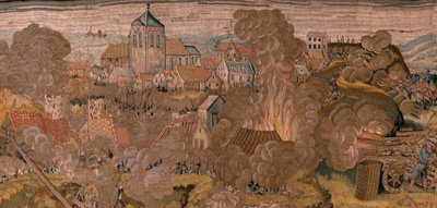 flamländsk gobeläng. Serie Triumfer och strider av ärkehertig Albert. Nattattack på Ardres eller fångst av den låga staden Ardres (Asalto nocturno de Ardrés o Toma de la baja villa de Ardrés). Tredje gobelängen i serien. Modell Otto van Veen och Hans I Sne av Otto van Veen