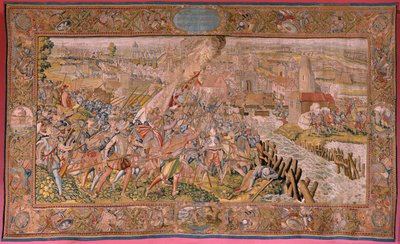 flamländsk gobeläng. Serie Triumfer och strider av ärkehertig Albert. Överraskning vid Calais (La sorpresa de Calais). Första gobelängen i serien. Modell Otto van Veen och Hans I Snellinck. Tillverkning Martin Reynbouts, Bruselas. 1597-1599. Tyg Guld, silv av Otto van Veen