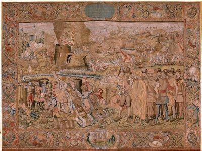flamländsk gobeläng. Serie Triumfer och strider av ärkehertig Albert. Infångandet av staden Hulst (Toma de la Plaza de Hulst). Sjunde gobelängen i serien. Modell Otto van Veen och Hans I Snellinck. Tillverkning Martin Reynbouts, Bryssel av Otto van Veen