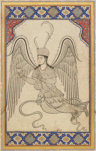 Ängel, flygande, med kopp och vinflaska (bläck, färgtvätt och guld på papper) av Ottoman School
