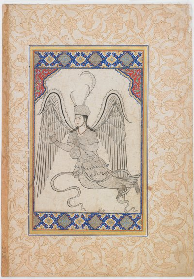 Ängel, flygande, med kopp och vinflaska (bläck, färgtvätt och guld på papper) av Ottoman School