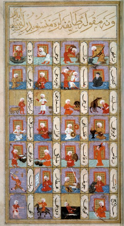 Astrologi: representation av människans olika aktiviteter beroende på planeterna: musiker, snickare, vävare, kamelmakare, kopist, målare, skräddare. Miniatyr från det osmanska manuskriptet 242 "" Matali 