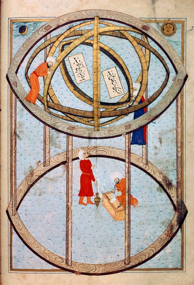 Astronomer manipulerar en enorm armillarsfär och verktyg för att mäta longitud och latitud Miniatyr från manuskriptet ms. FY 1404 "" Sehinsahname"" (eller Shahinshah-nama eller Shahinshah-nameh, Shahinshah nama eller Shahinshah nameh) "Berättelsen om kunge av Ottoman School