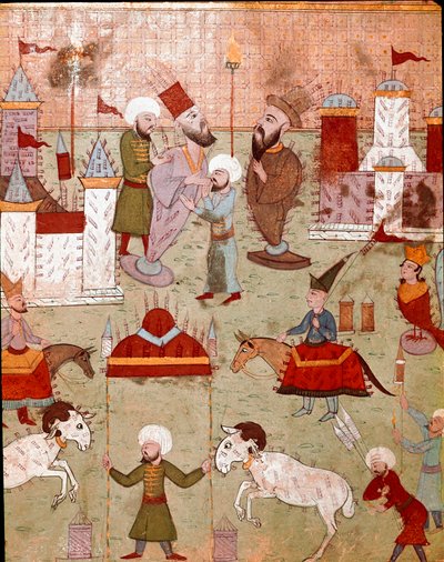 Festligheter anordnade med anledning av omskärelsen av sonen till den osmanske sultanen Murad II (Murat) (1404-1451), förberedelse av fyrverkerier Miniatyr av Istanbul från 1500-talet, Topkapi Sarayi Museum Library av Ottoman School