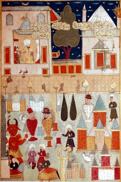 Festligheter anordnade med anledning av omskärelsen av sonen till den osmanske sultanen Murad II (Murat) (1404-1451), förberedelse av fyrverkerier Miniatyr av 1500-talets Istanbul, Topkapi Sarayi Museum Library av Ottoman School