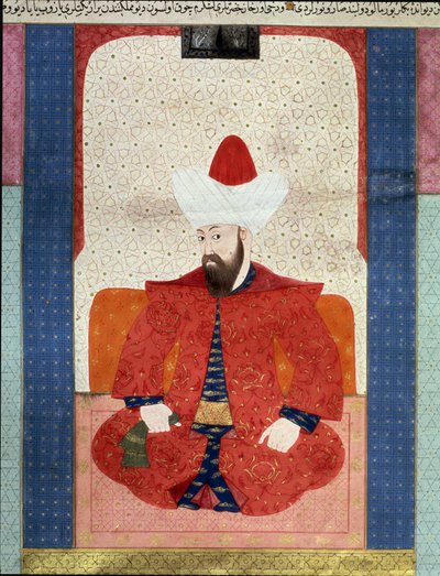 Osmanska riket: "" Porträtt av sultanen av det osmanska riket Orhan (Orkhan eller Urchan) I (1281-1360)"" Miniatyr från "" Zubdat al Tawarikh"" (Ms. 1973, fol. 59b) av Seyyyd Lokman Ashuri 1583 Istanbul, turkisk-islamiskt konstmuseum av Ottoman School