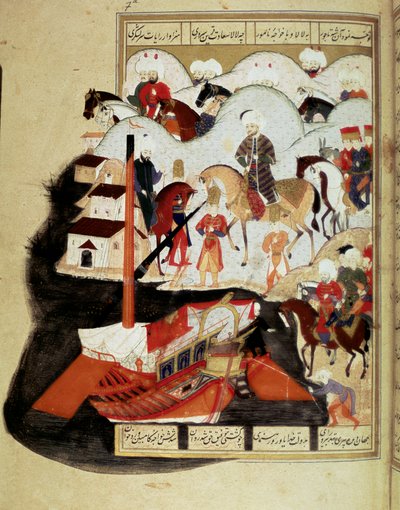 Osmanska riket: "" Sultan Murad III (1574-1595) på besök i hamnen i Konstantinopel"" Manuskript miniatyr ms. FY 1404 "" Sehinsahname"" (eller Shahinshah-nameh eller Shahinshah-nameh, Shahinshah nama, Shahinshah nameh) "" The Story of the King of Kings"" di av Ottoman School