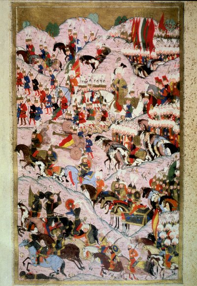 Osmanska riket: "" Sultan Soliman (Suleyman) Jag sa det magnifika i slaget vid Mohacs den 29/08/1526 mot kungariket Ungerns armé, under befälet av kung Ludvig II""" Miniatyr från "Hunername" av Lokman, vol. 1 (H 1523, f.256b) 1584 Topkapi S av Ottoman School