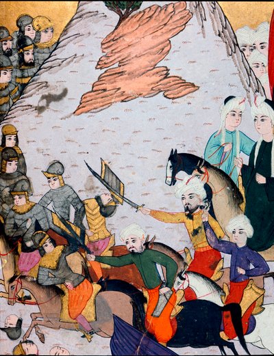 Osmanska riket: sammandrabbningar mellan armén av Sultan Bayezid I (Bajazet) (1360-cirka 1402) mot den fransk-ungerska alliansen under slaget vid Nicopolis den 25/09/1396. 1400-tals miniatyr. Topkapi Sarayi Museum Library Istanbul av Ottoman School